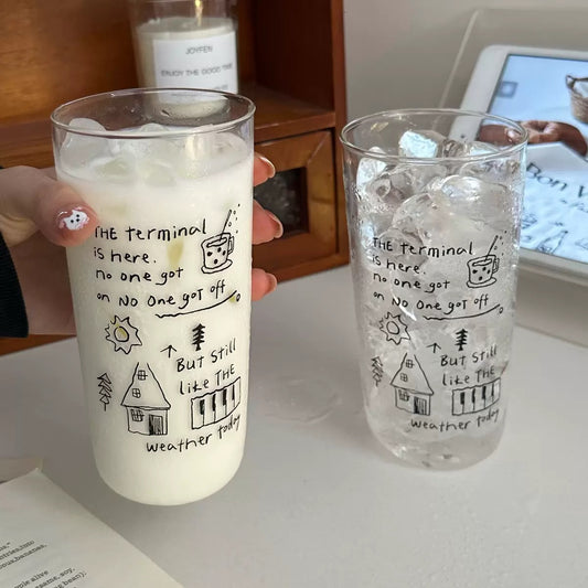 Doodle Line Art Glass Cup – 400ML Capacity
