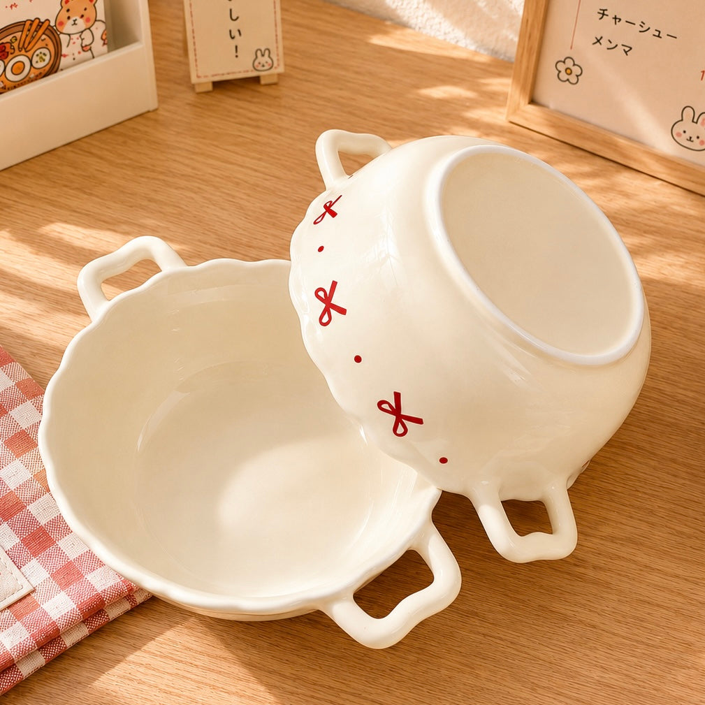 Red Bow Double-Handled Ceramic Soup Bowl – 750ML