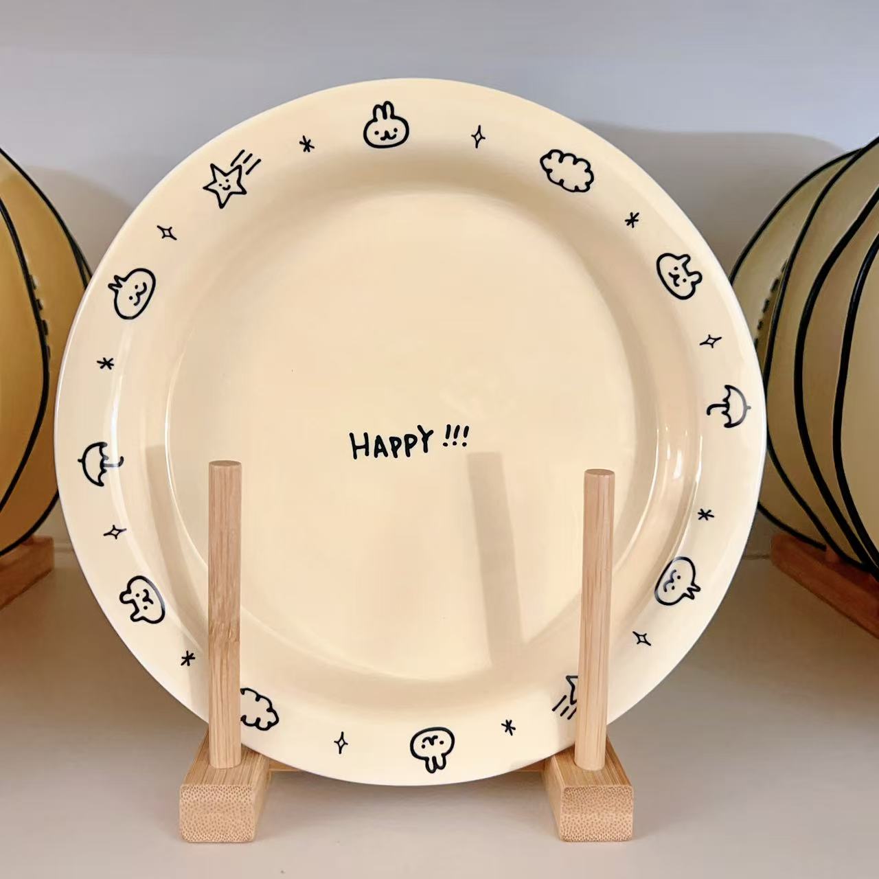 Cream Doodle Style Ceramic Round Plate, 8-Inch