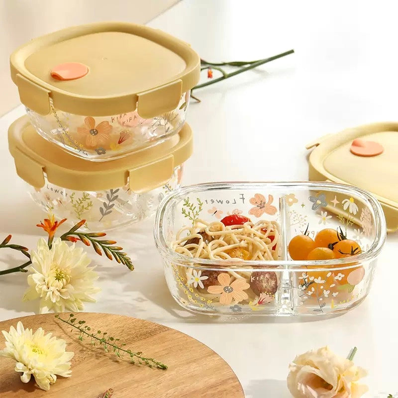 Spring Floral Glass Food Container – 800ML Bento Box