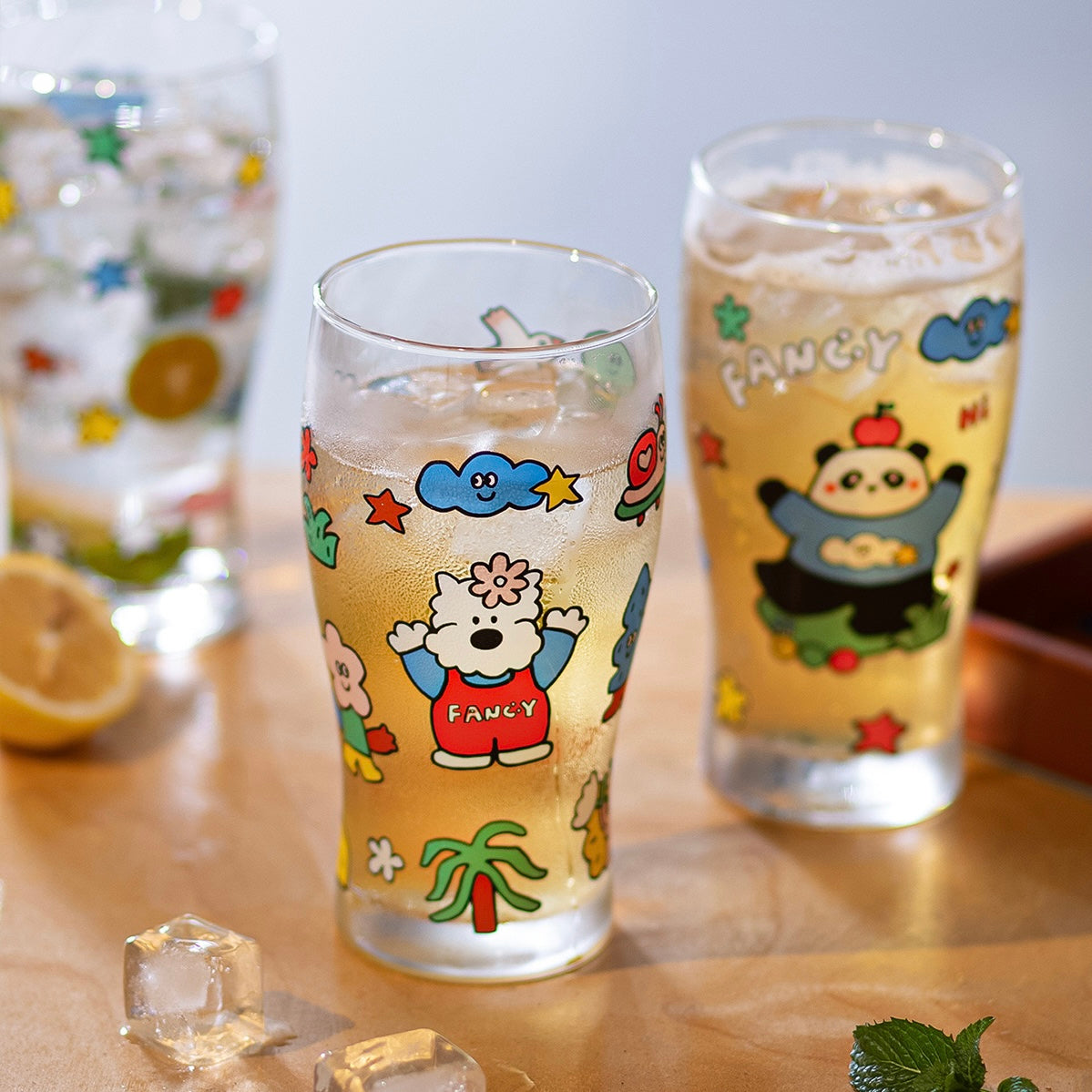 Fancy dog and panda glass beer cups with colorful cartoon design, 600ML capacity