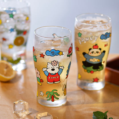 Fancy dog and panda glass beer cups with colorful cartoon design, 600ML capacity