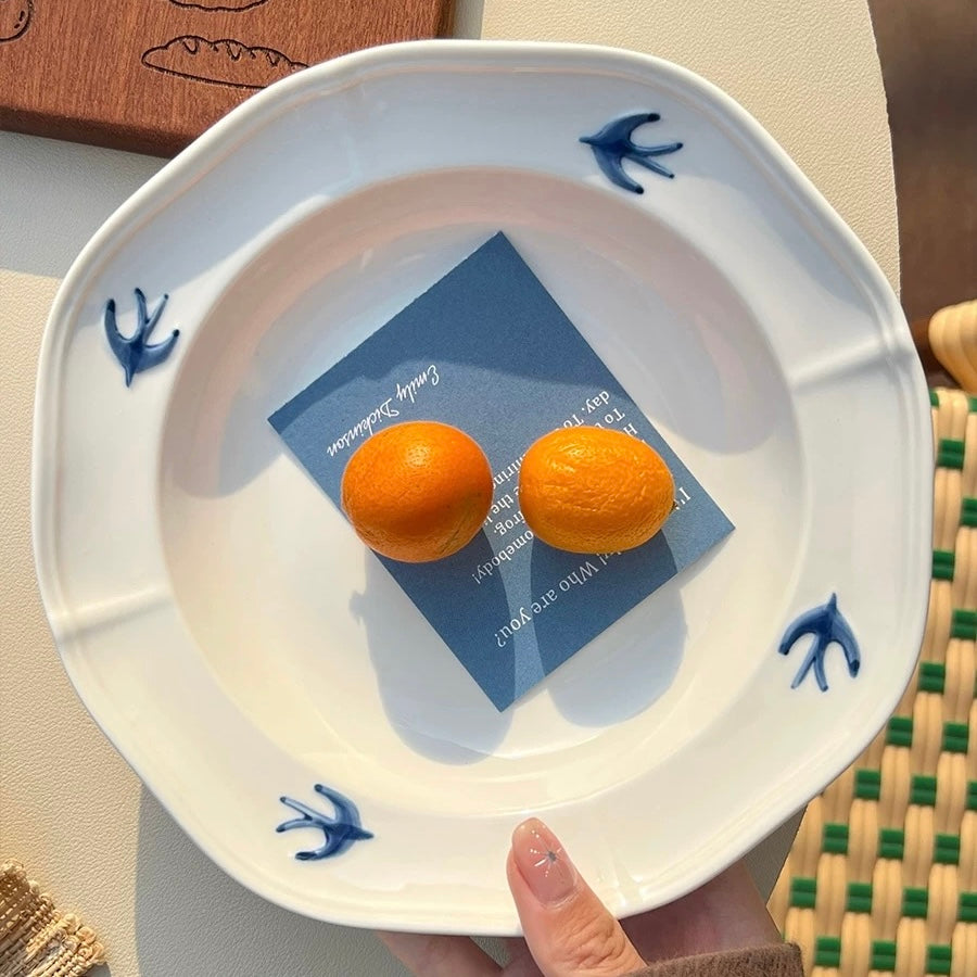 Japanese Hand-Painted Swallow Deep Ceramic Plate