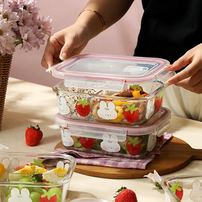 Strawberry Bunny Glass Food Container - 850ML Bento Box