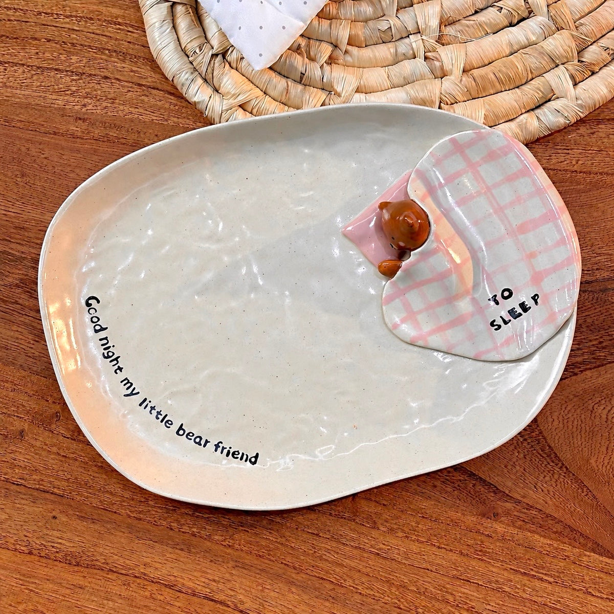Goodnight Bear Hand-Painted Ceramic Oval Plate, 9.6-Inch