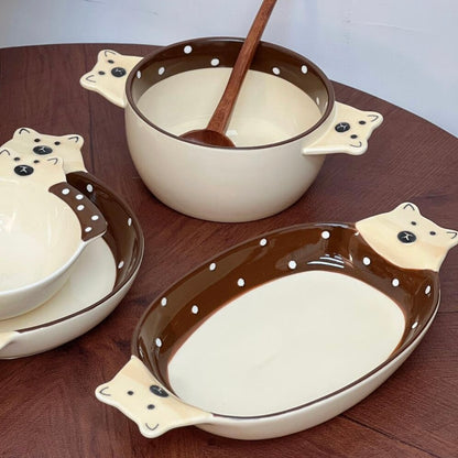 Adorable Bear Double-Handle Ceramic Plates and Soup Bowl | Hand-Painted Design