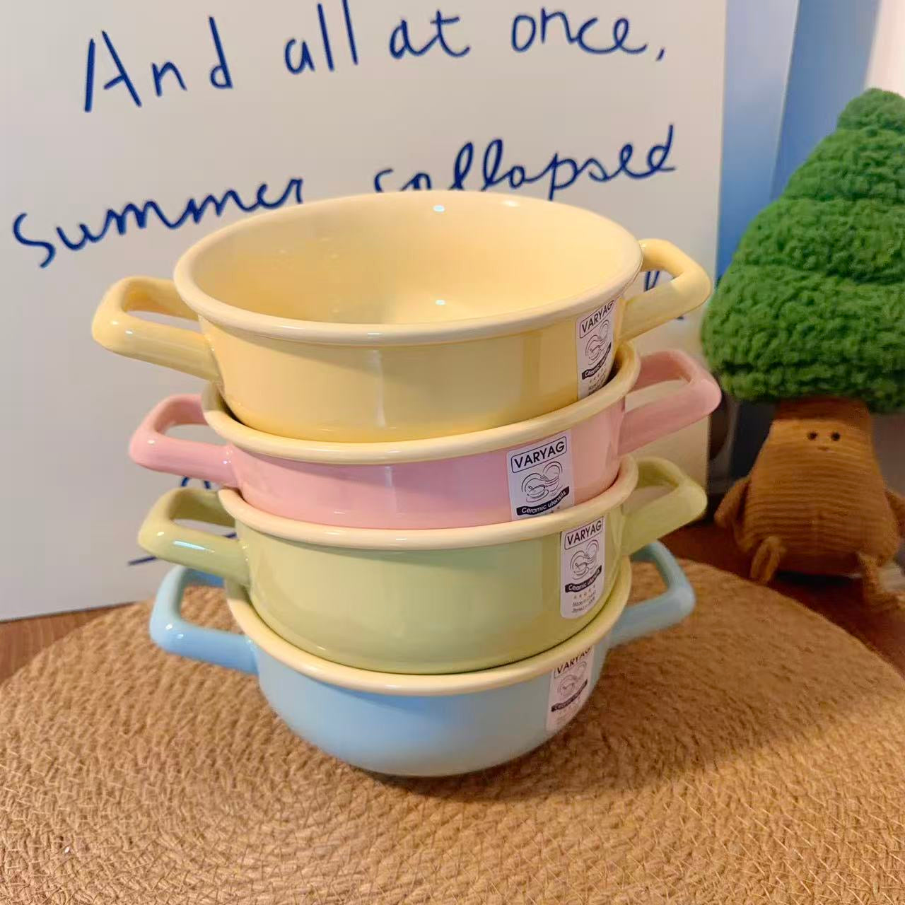 Pastel Color Ceramic Bowl with Handles - 650ML