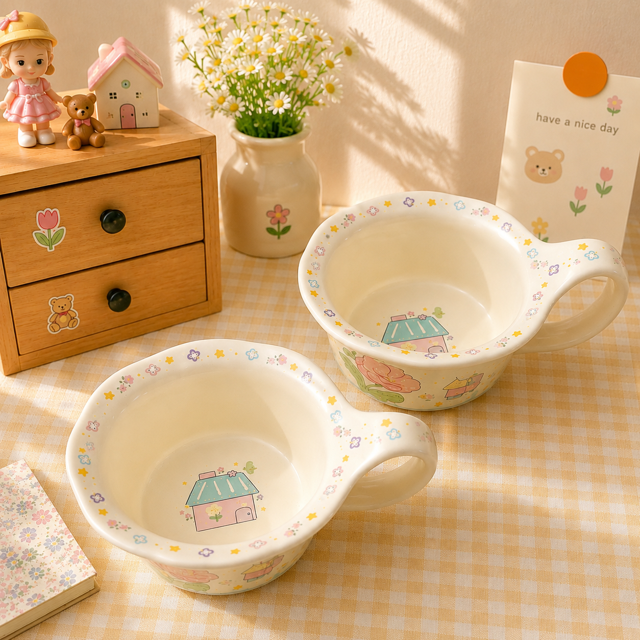 Garden Bear Ceramic Yogurt Bowl with Large Handle – 400ML