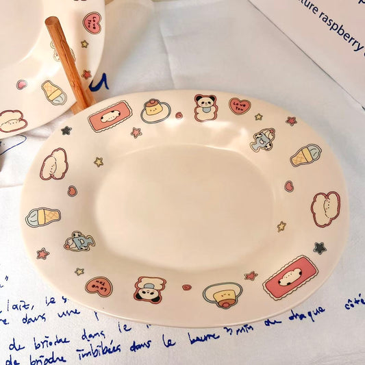 Cute Doodle Oval Dessert Plate – Matte Ceramic