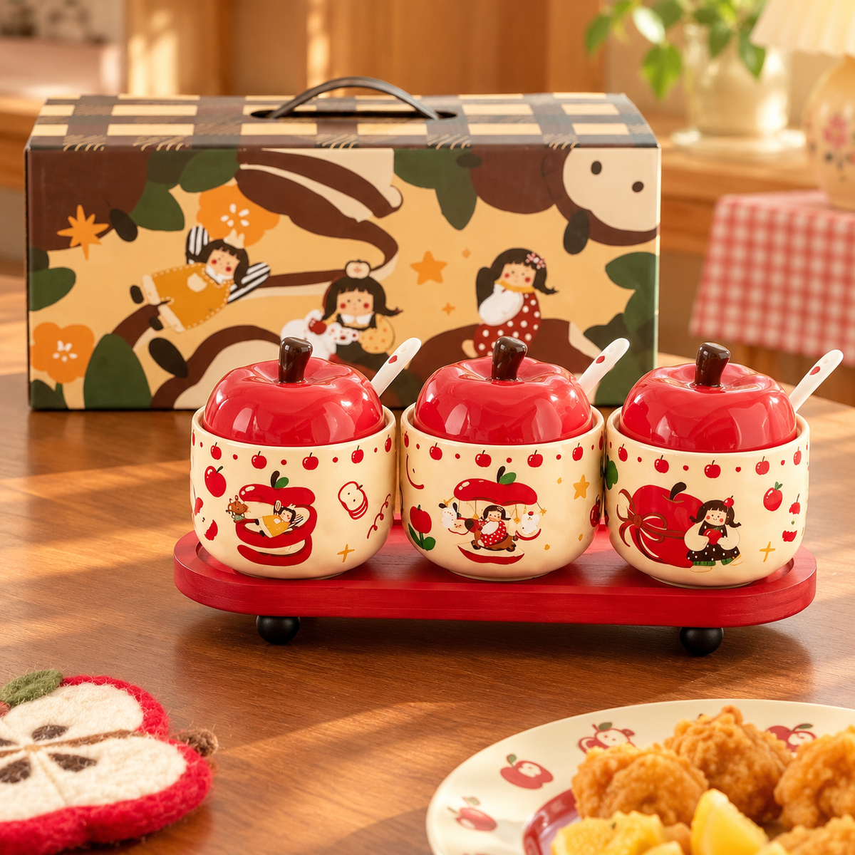 Apple Girl Ceramic Spice Jar Gift Set with Wooden Tray – Set of 3