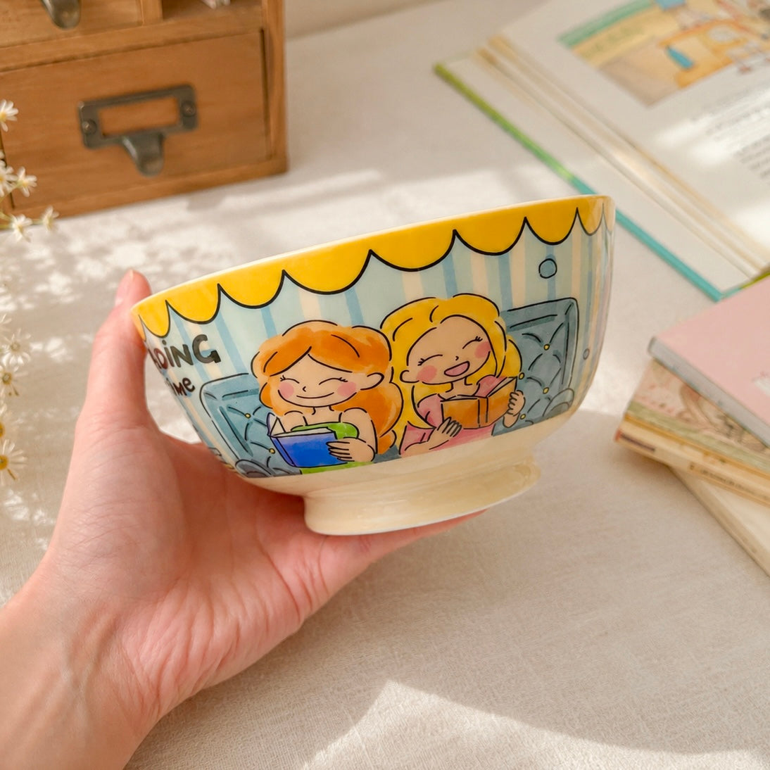 Cozy Reading Girls Cute Ceramic Bowl 600ML - Vintage Kawaii Illustrated - Wuli Home