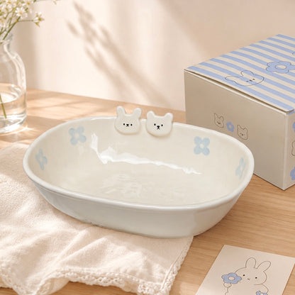 Hand-Painted Flower Bunny Ceramic Oval Bowl – 700ML