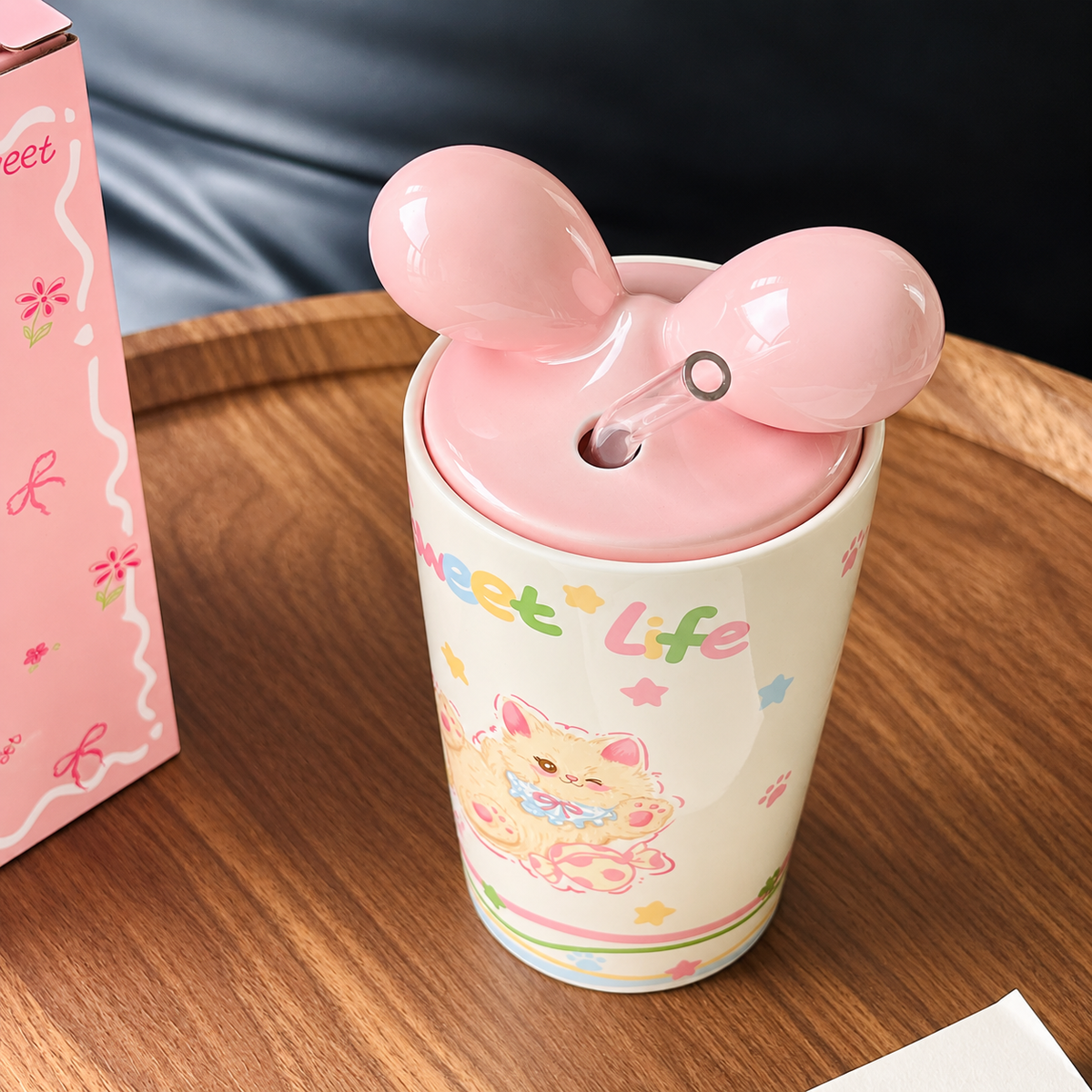 Sweet Life Bow Cat Ceramic Straw Cup – 450ML