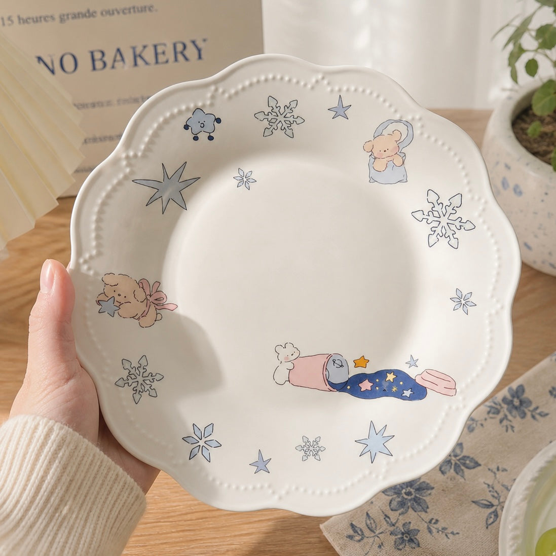 Snowflake Bunny White Porcelain Deep Plate - 8.9-Inch
