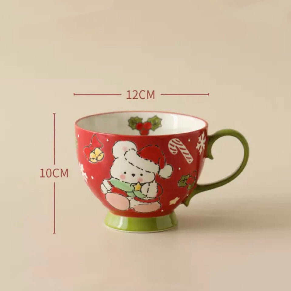 Hand-painted Christmas ceramic mug with Santa bear in red and snowman in navy blue, 500ML