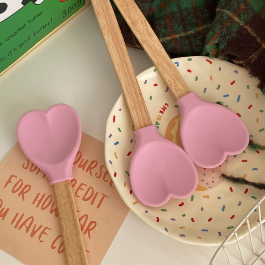 Pink Heart Silicone Spatula - Baking Assistant with Wooden Handle