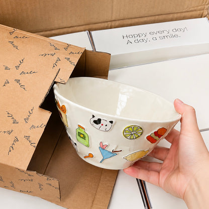Embossed Doodle Cat Ceramic Ramen Bowl – 1100ML
