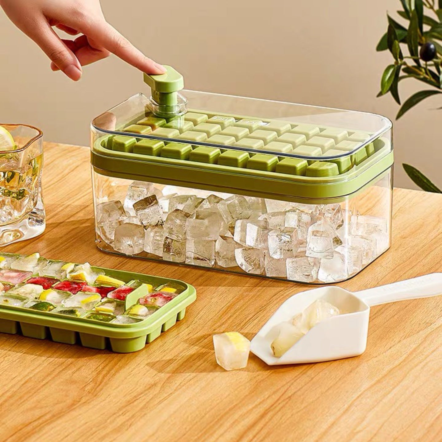 Push-Button Ice Cube Maker – Double-Layer Design with 64 Compartments | Includes Ice Scoop