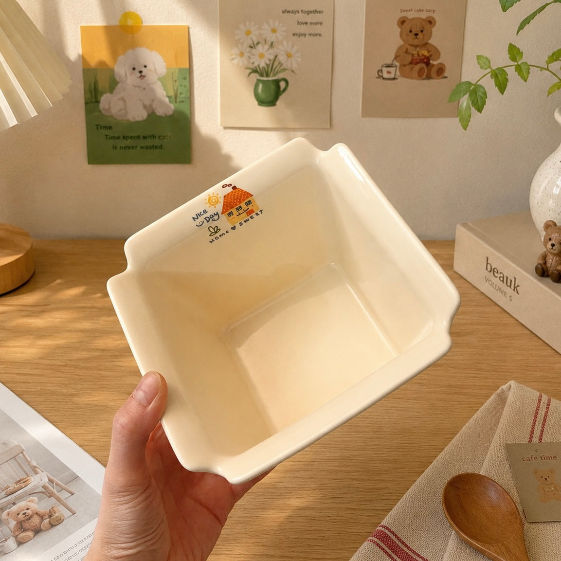 Kawaii Doodle Square Ceramic Snack Bowl – 800ML