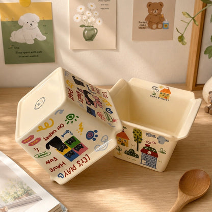 Kawaii Doodle Square Ceramic Snack Bowl – 800ML