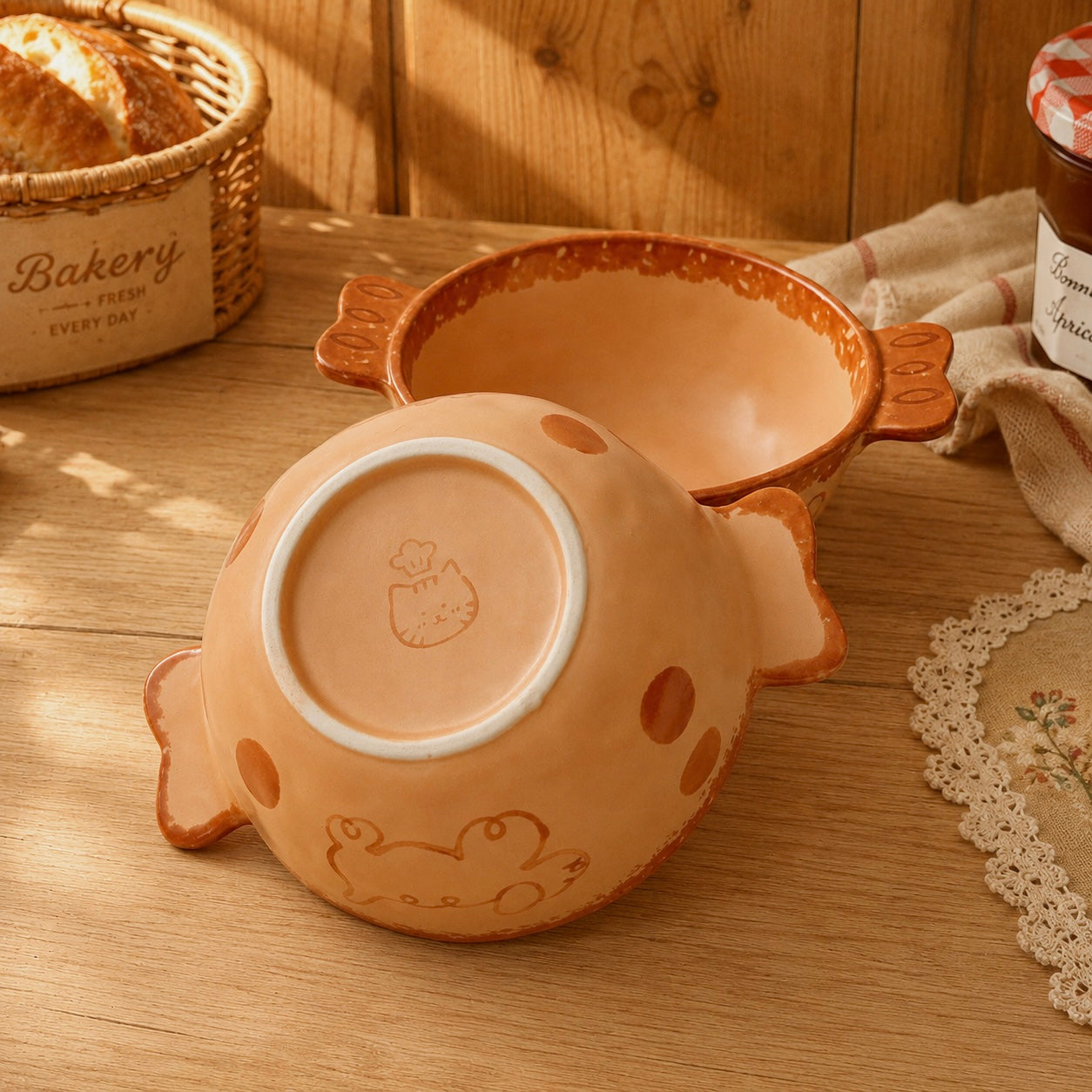 Hand-Painted Caramel Cat Ceramic Bowl with Handles, 500ML