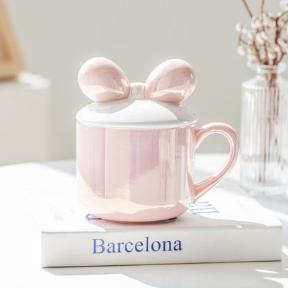 Pearl Glaze Bow Ceramic Mug with Lid | 380ml Fairy-Inspired Mug