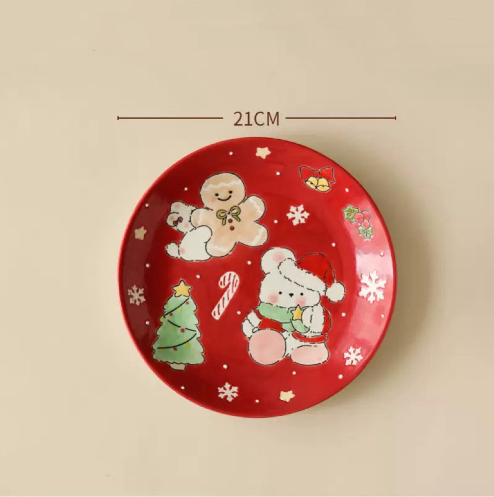 Hand-painted Christmas ceramic plate with snowman in navy blue, 21CM diameter