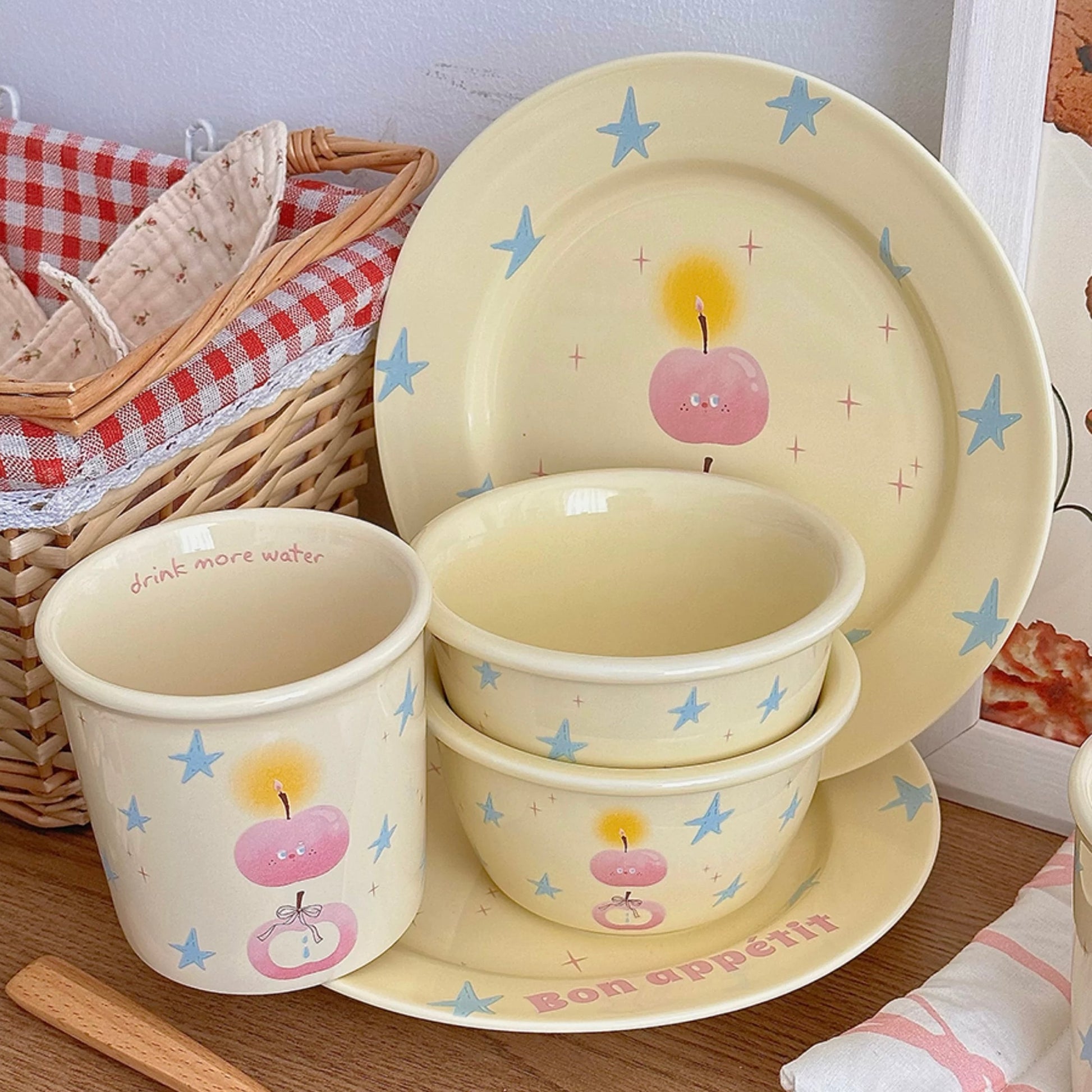 Charming Apple & Star Ceramic Dinnerware Set - Durable and Safe Underglaze Ceramic