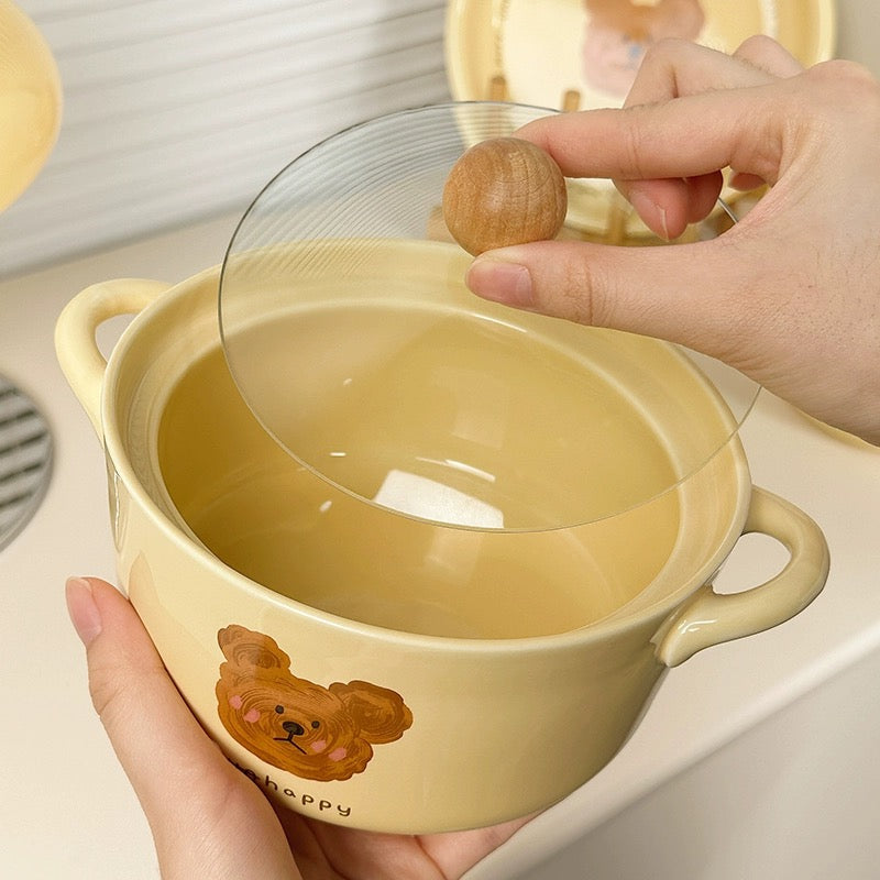 Emo Bear Ceramic Ramen Bowl - with Glass Lid and Ceramic Spoon, 730ml Capacity