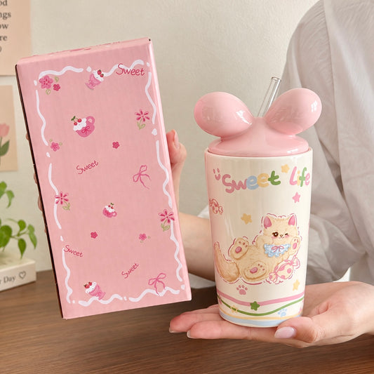 Sweet Life Bow Cat Ceramic Straw Cup – 450ML