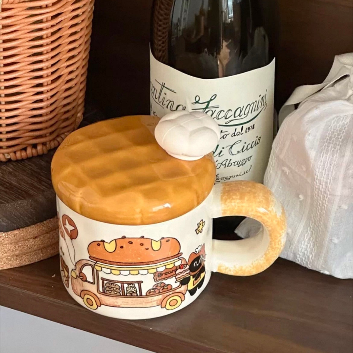 Bread truck cat ceramic mug with bread-shaped lid and gradient handle, 420ML capacity
