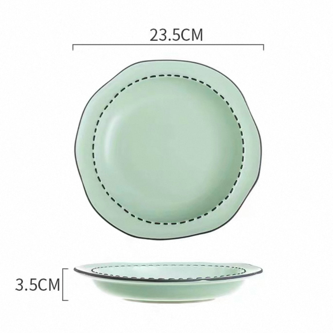 Four macaron color ceramic plates: off-white, yellow, matcha green, pink with manga style black rim