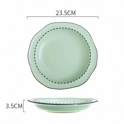 Four macaron color ceramic plates: off-white, yellow, matcha green, pink with manga style black rim