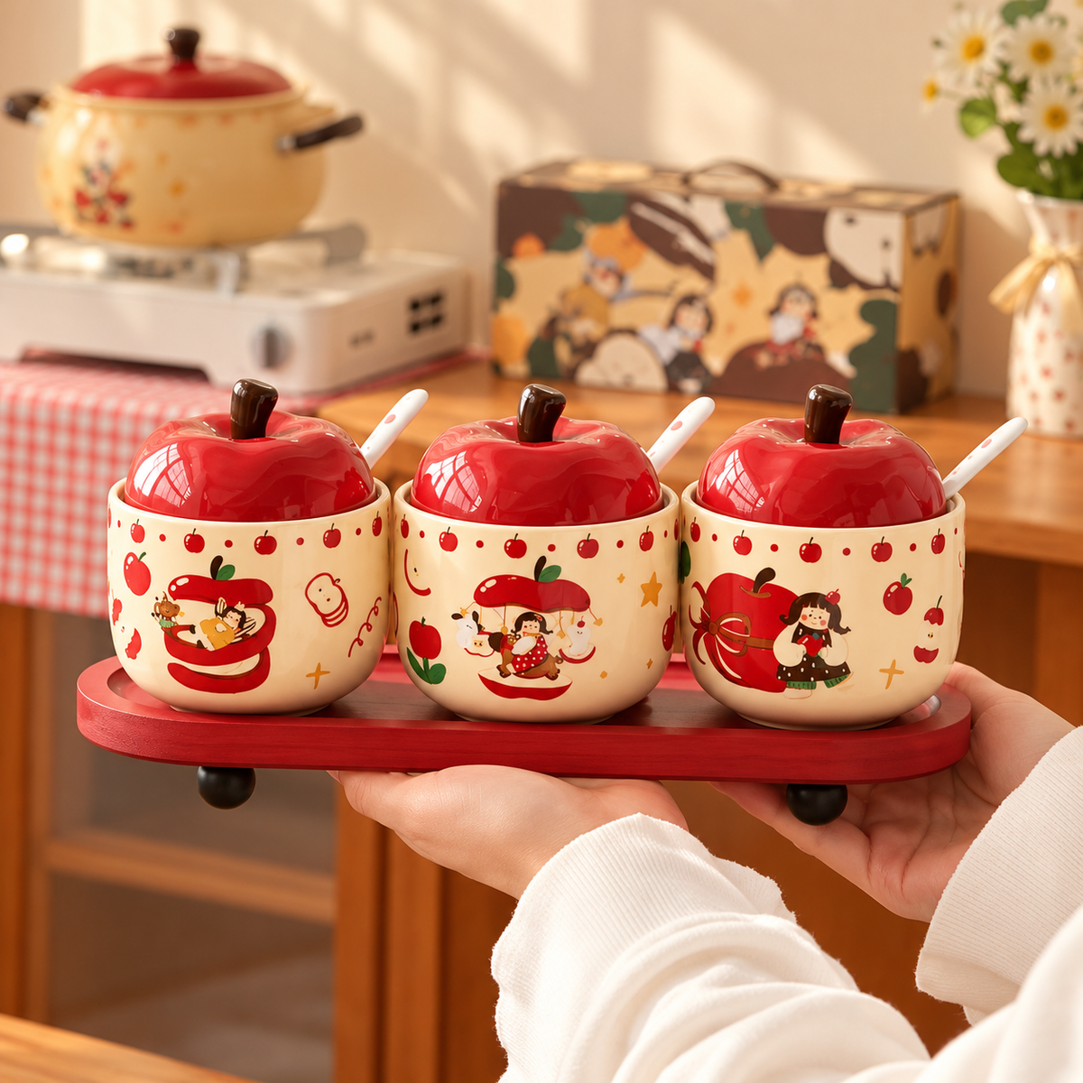Apple Girl Ceramic Spice Jar Gift Set with Wooden Tray – Set of 3
