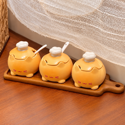 Chef Kitten Ceramic Spice Jar Gift Set with Wooden Tray – Set of 3