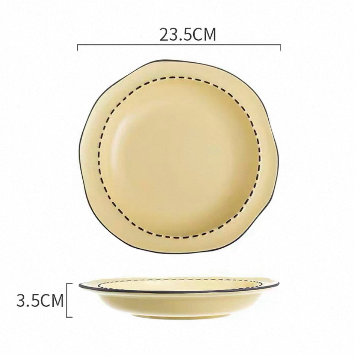 Four macaron color ceramic plates: off-white, yellow, matcha green, pink with manga style black rim