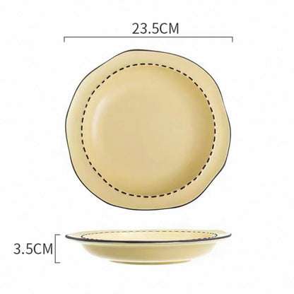 Four macaron color ceramic plates: off-white, yellow, matcha green, pink with manga style black rim