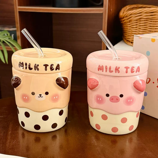 Bear & Piggy Milk Tea Ceramic Cup with Straw – 500ML