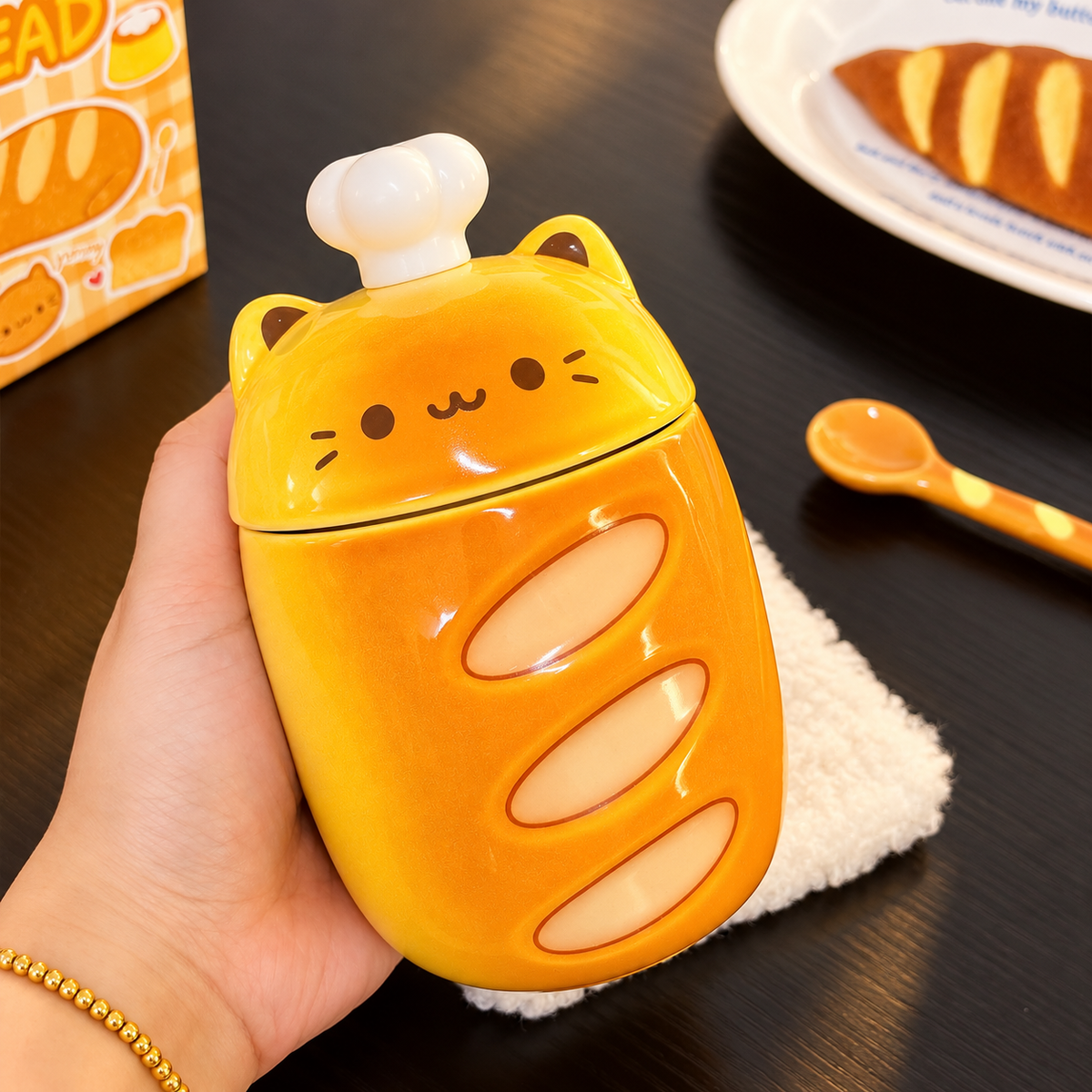 Baguette Cat Ceramic Mug with Lid & Spoon – 350ML