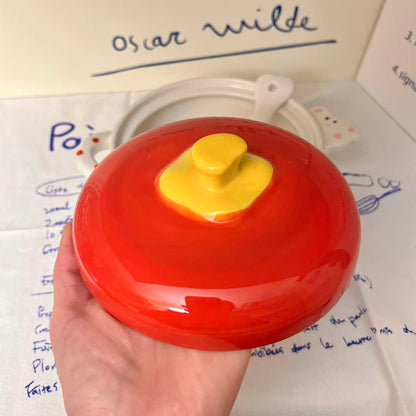 Tomato Bunny Ceramic Ramen Bowl with Lid and Spoon, 500ML