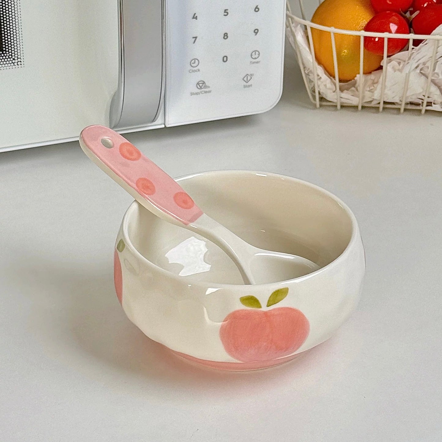 Hand-Painted Peach Ceramic Cereal Bowl with Spoon - 400ML