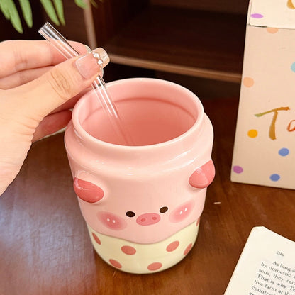 Bear & Piggy Milk Tea Ceramic Cup with Straw – 500ML