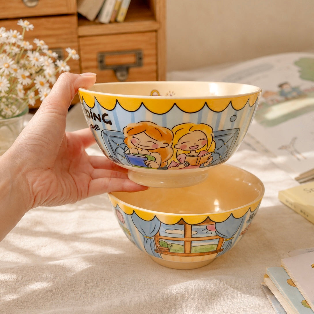 Cozy Reading Girls Cute Ceramic Bowl 600ML - Vintage Kawaii Illustrated - Wuli Home