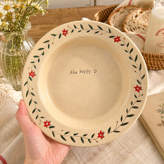 Hand-Painted Floral Matte Ceramic Pasta Plate, 8.4-Inch