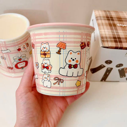 Cute Westie dog ceramic mug with pink plaid background and multiple dog illustrations, 330ML