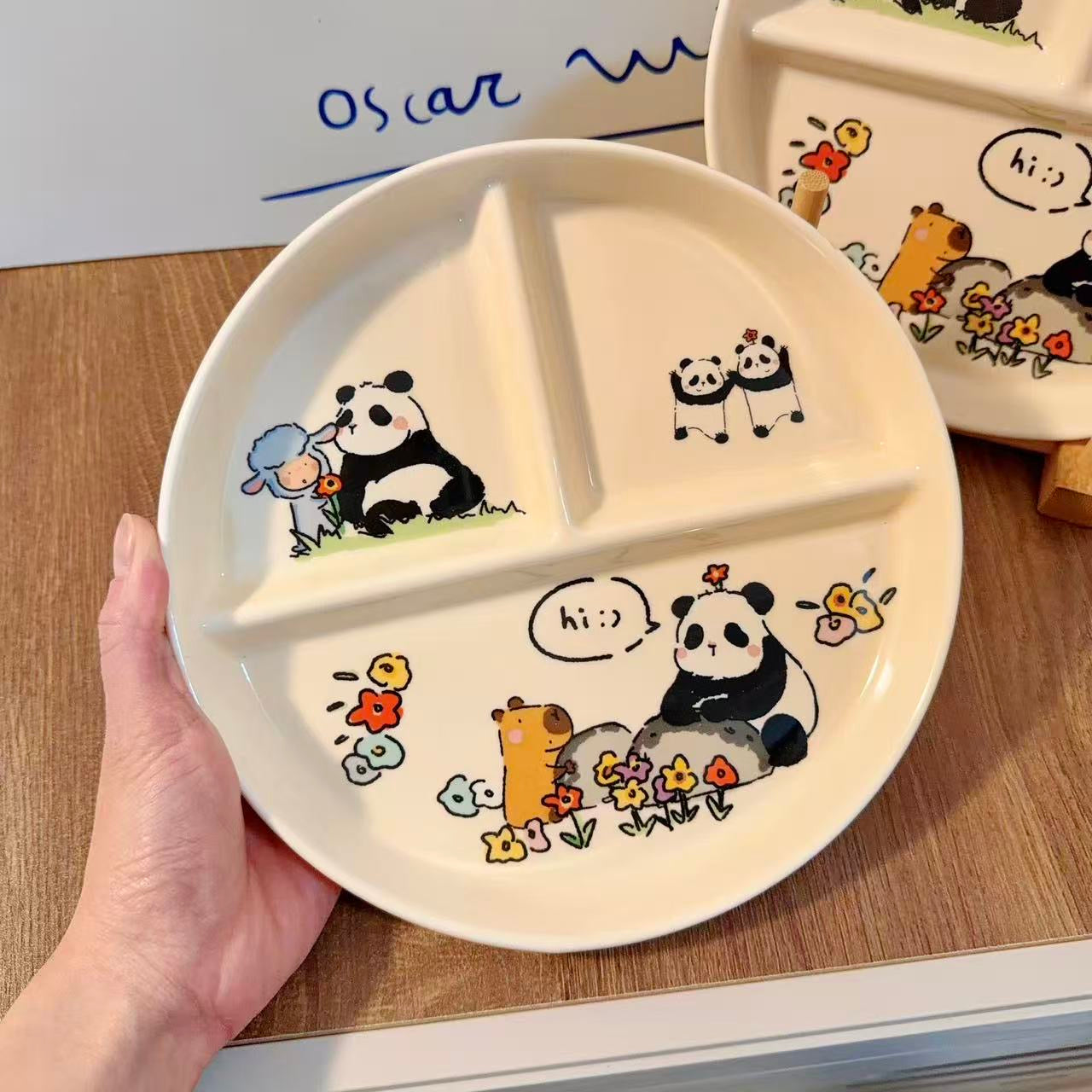 Panda Family Ceramic Divided Breakfast Plate, 8.3-Inch