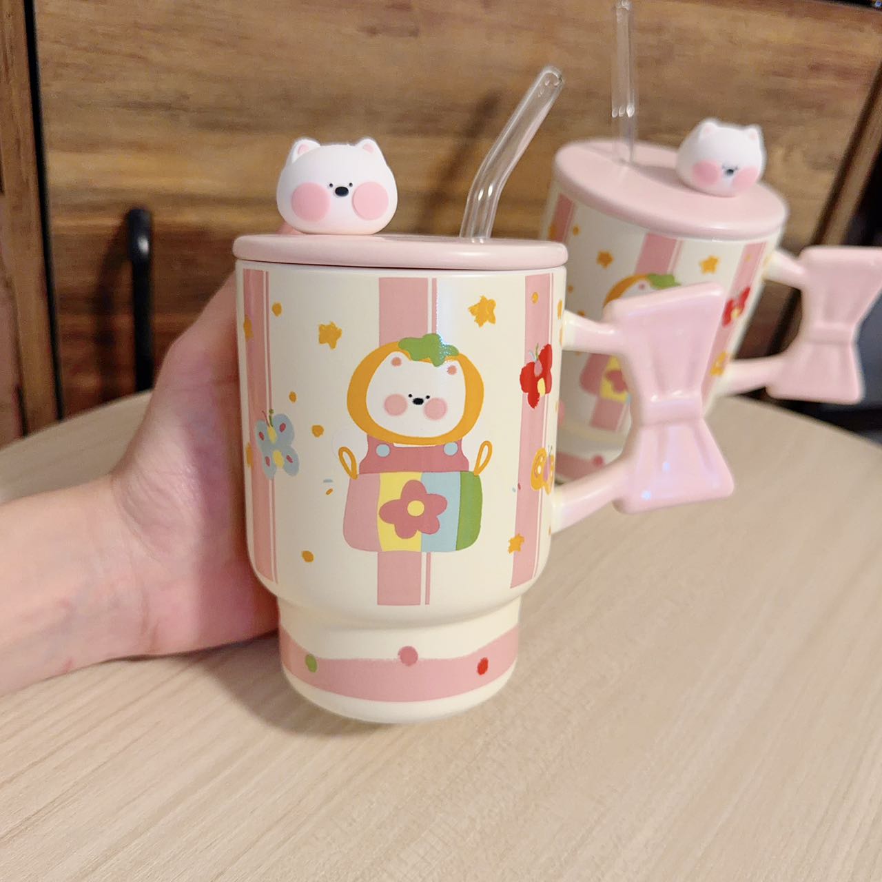 Pink Westie Ceramic Straw Mug with Lid - 400ML