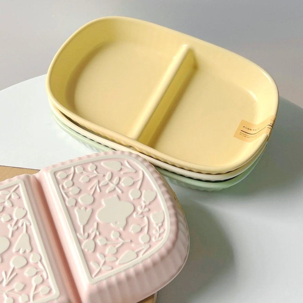 Handcrafted Macaron-Colored Ceramic 
 Divided Plate – Two-Compartment