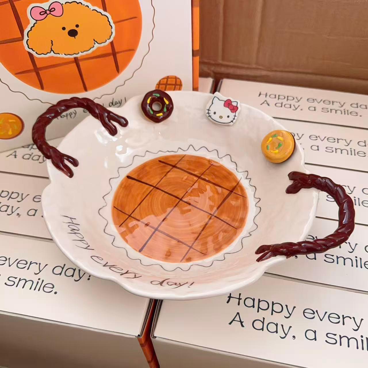 Caramel Kitty Hand-Painted Ceramic Plate with Handles, 8-Inch