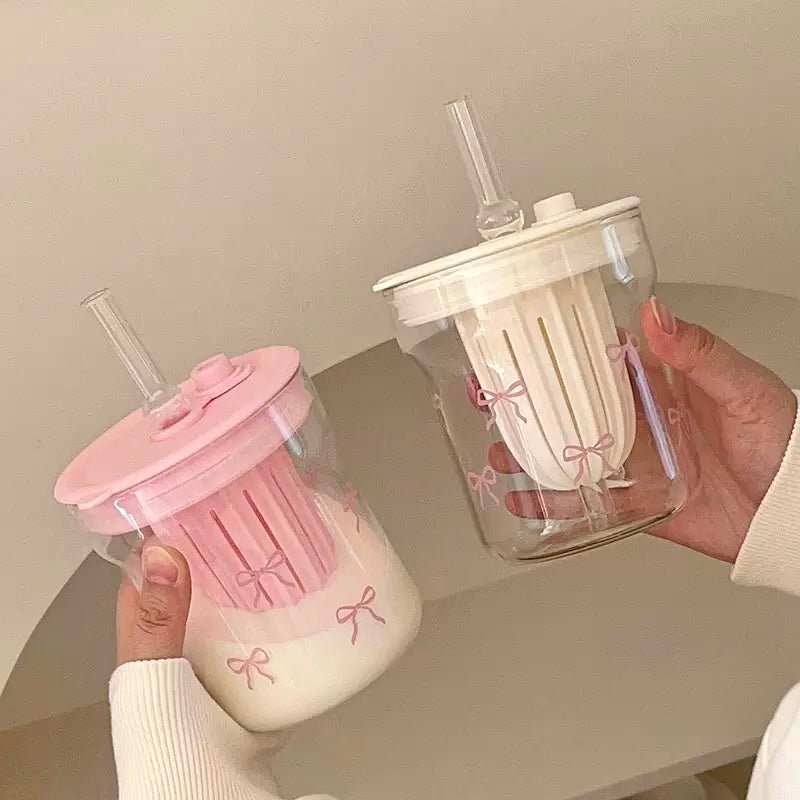 Coquette Bow Glass Cup with Straw – 500ML